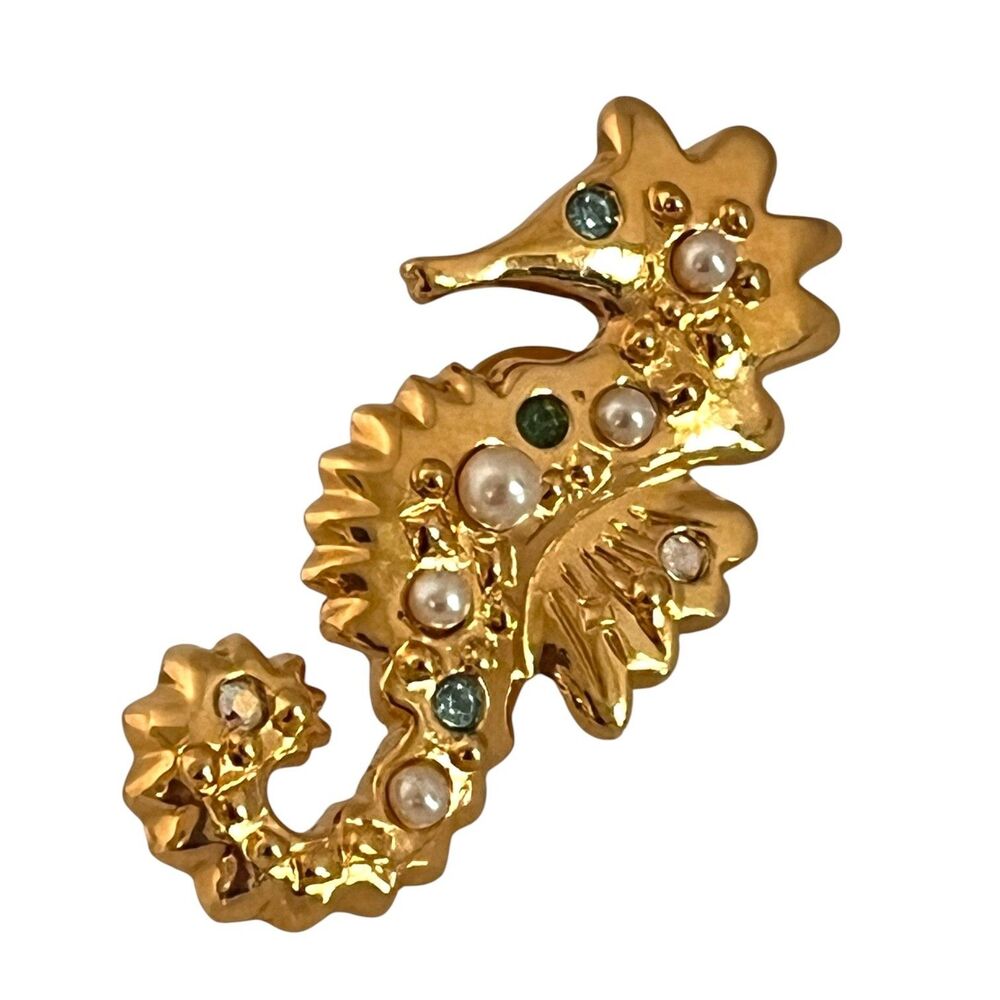 Vintage Avon Seahorse Brooch Faux Pearl Rhinestone Gold Tone Pin - 5N